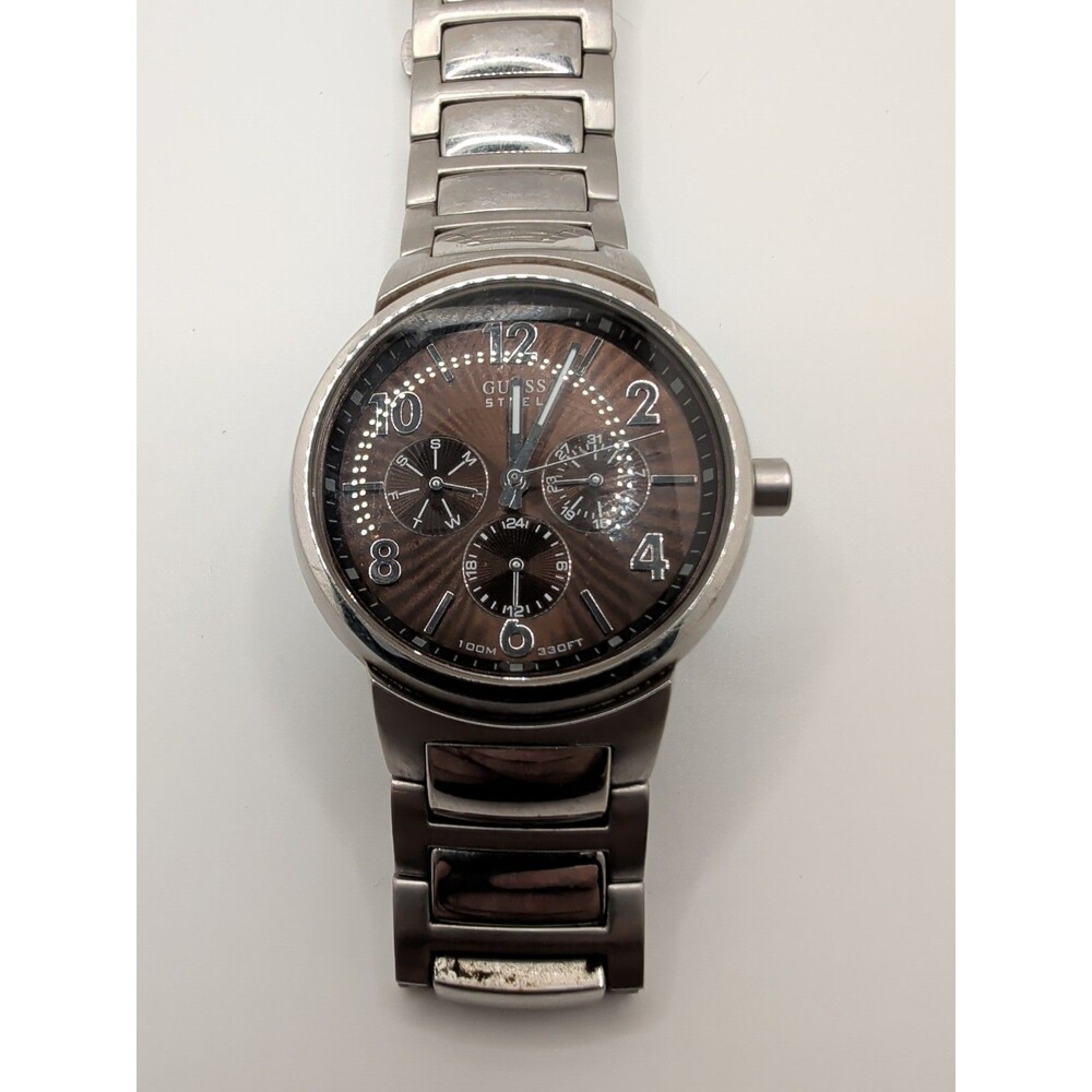 GUESS Watch Brown Dial Brown Stainless Steel Multifunction Unisex Chronograph